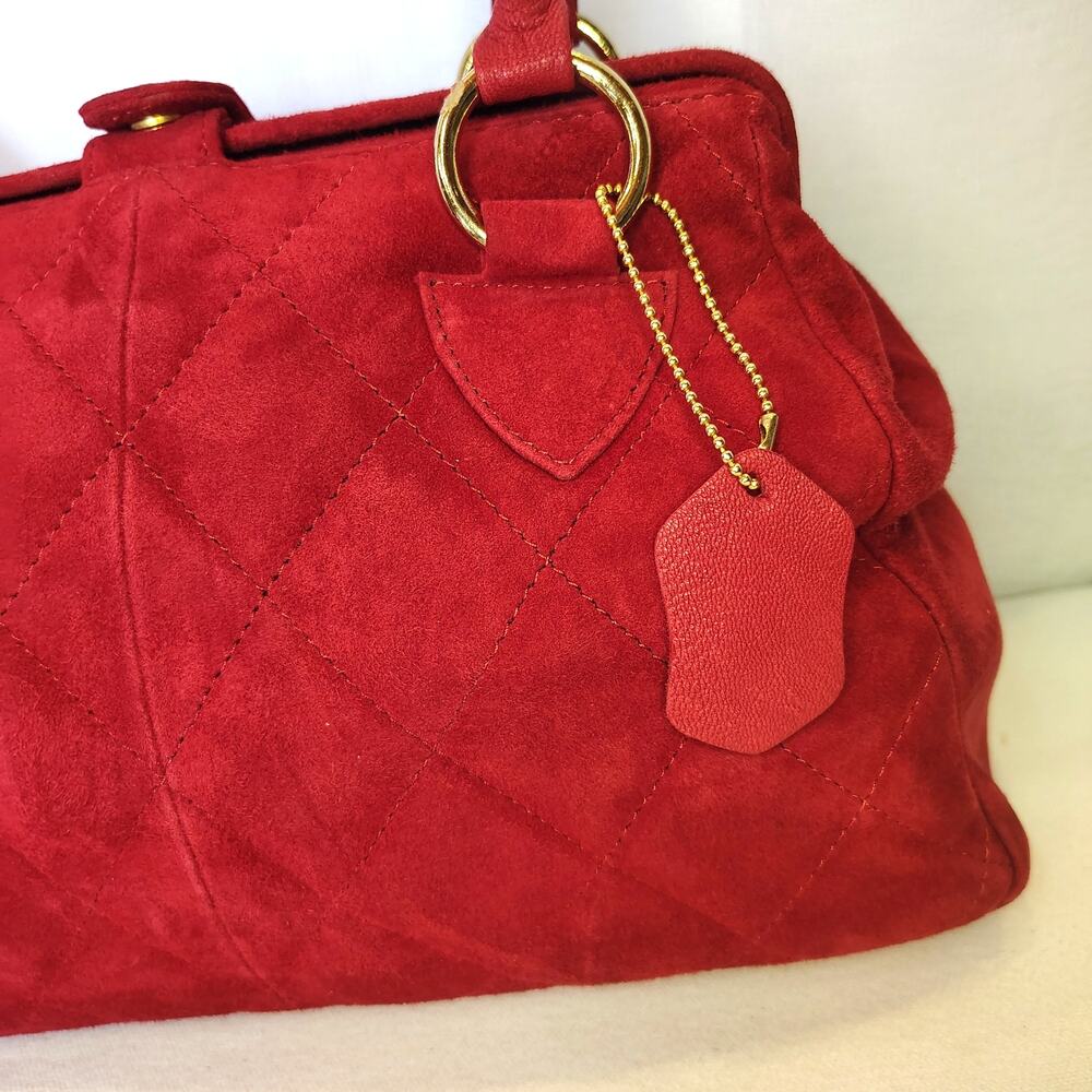 Vintage Red Quilted Suede Leather Satchel Handbag Gold Hardware Top Handle Purse - Picture 3 of 16